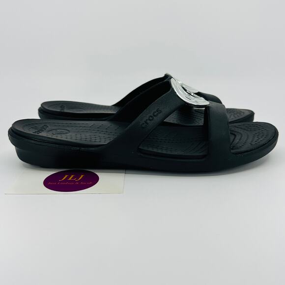 Crocs Women's Sanrah Beveled Circle Slip On Comfort Sandals Black 203341 Size 7 - Picture 1 of 12